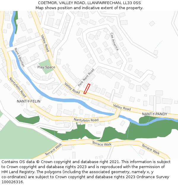 COETMOR, VALLEY ROAD, LLANFAIRFECHAN, LL33 0SS: Location map and indicative extent of plot