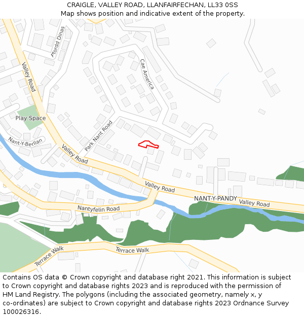 CRAIGLE, VALLEY ROAD, LLANFAIRFECHAN, LL33 0SS: Location map and indicative extent of plot