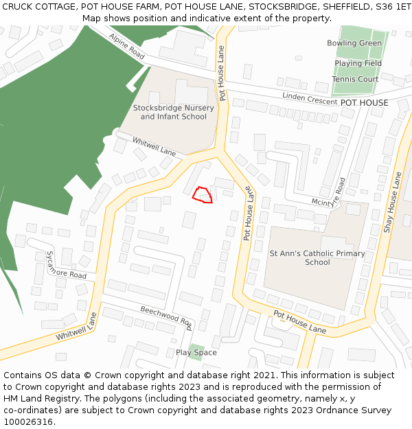 CRUCK COTTAGE, POT HOUSE FARM, POT HOUSE LANE, STOCKSBRIDGE, SHEFFIELD, S36 1ET: Location map and indicative extent of plot