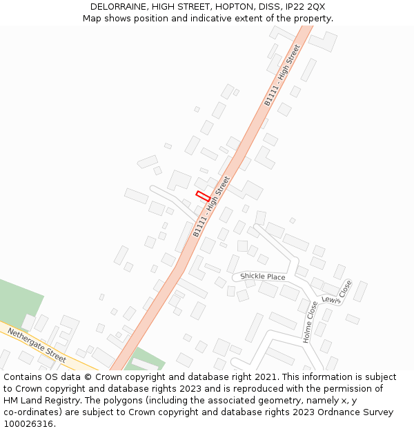 DELORRAINE, HIGH STREET, HOPTON, DISS, IP22 2QX: Location map and indicative extent of plot