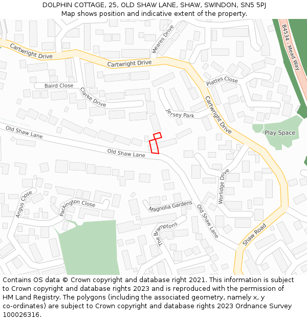 DOLPHIN COTTAGE, 25, OLD SHAW LANE, SHAW, SWINDON, SN5 5PJ: Location map and indicative extent of plot