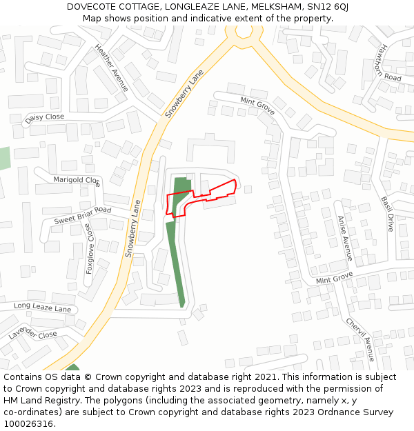 DOVECOTE COTTAGE, LONGLEAZE LANE, MELKSHAM, SN12 6QJ: Location map and indicative extent of plot