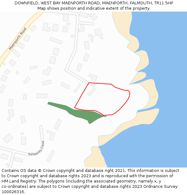 DOWNFIELD, WEST BAY MAENPORTH ROAD, MAENPORTH, FALMOUTH, TR11 5HP: Location map and indicative extent of plot