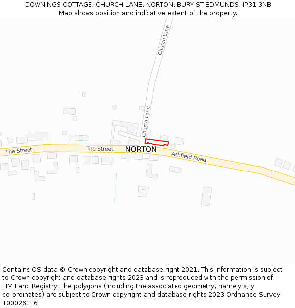 DOWNINGS COTTAGE, CHURCH LANE, NORTON, BURY ST EDMUNDS, IP31 3NB: Location map and indicative extent of plot