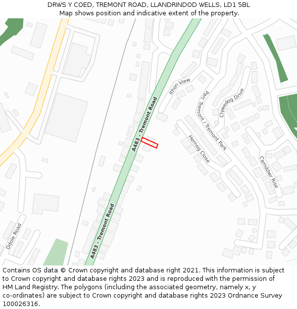 DRWS Y COED, TREMONT ROAD, LLANDRINDOD WELLS, LD1 5BL: Location map and indicative extent of plot