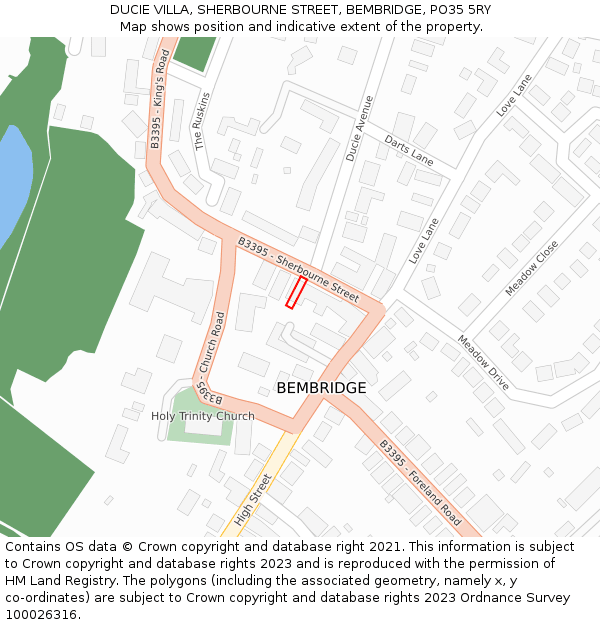 DUCIE VILLA, SHERBOURNE STREET, BEMBRIDGE, PO35 5RY: Location map and indicative extent of plot