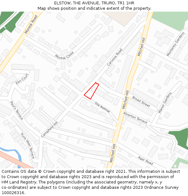 ELSTOW, THE AVENUE, TRURO, TR1 1HR: Location map and indicative extent of plot