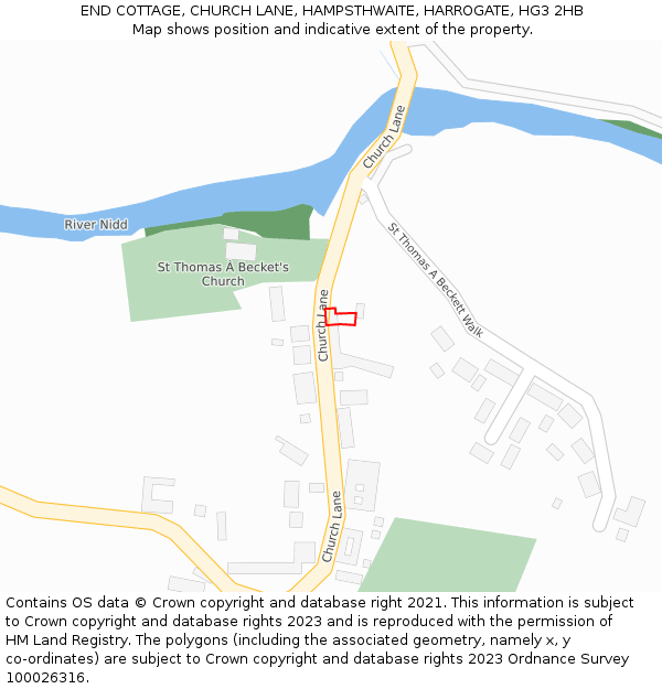 END COTTAGE, CHURCH LANE, HAMPSTHWAITE, HARROGATE, HG3 2HB: Location map and indicative extent of plot