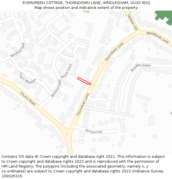 EVERGREEN COTTAGE, THORNDOWN LANE, WINDLESHAM, GU20 6DQ: Location map and indicative extent of plot