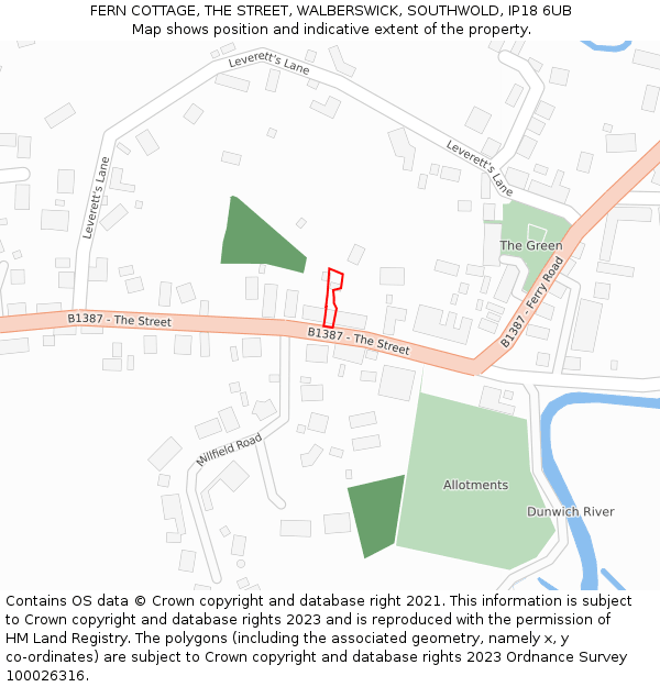 FERN COTTAGE, THE STREET, WALBERSWICK, SOUTHWOLD, IP18 6UB: Location map and indicative extent of plot