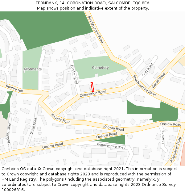 FERNBANK, 14, CORONATION ROAD, SALCOMBE, TQ8 8EA: Location map and indicative extent of plot