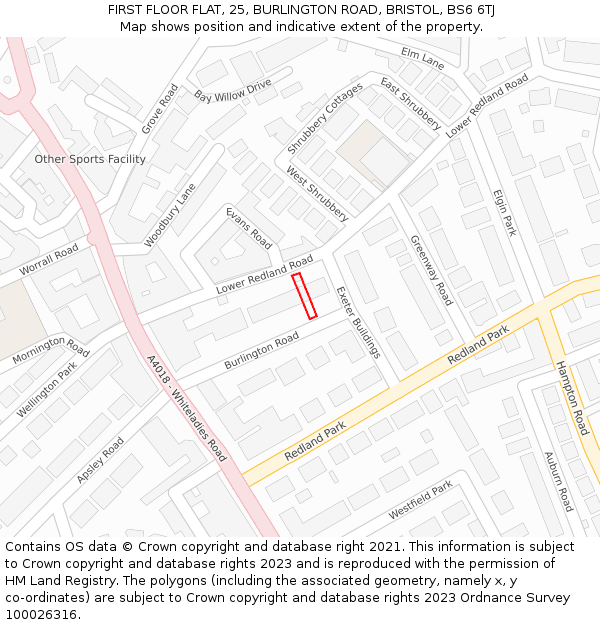 FIRST FLOOR FLAT, 25, BURLINGTON ROAD, BRISTOL, BS6 6TJ: Location map and indicative extent of plot