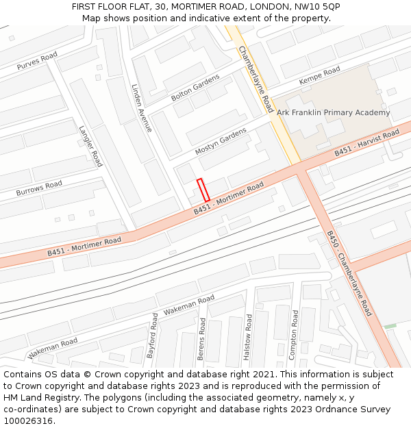 FIRST FLOOR FLAT, 30, MORTIMER ROAD, LONDON, NW10 5QP: Location map and indicative extent of plot