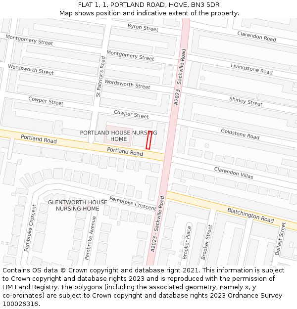 FLAT 1, 1, PORTLAND ROAD, HOVE, BN3 5DR: Location map and indicative extent of plot
