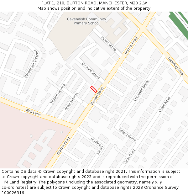 FLAT 1, 210, BURTON ROAD, MANCHESTER, M20 2LW: Location map and indicative extent of plot