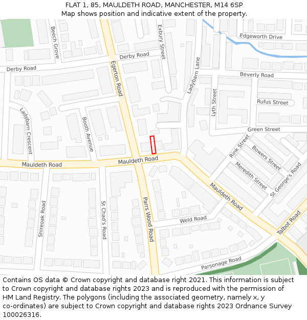 FLAT 1, 85, MAULDETH ROAD, MANCHESTER, M14 6SP: Location map and indicative extent of plot