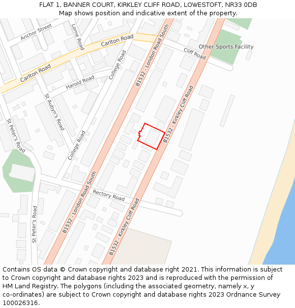 FLAT 1, BANNER COURT, KIRKLEY CLIFF ROAD, LOWESTOFT, NR33 0DB: Location map and indicative extent of plot