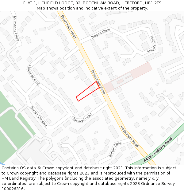 FLAT 1, LICHFIELD LODGE, 32, BODENHAM ROAD, HEREFORD, HR1 2TS: Location map and indicative extent of plot