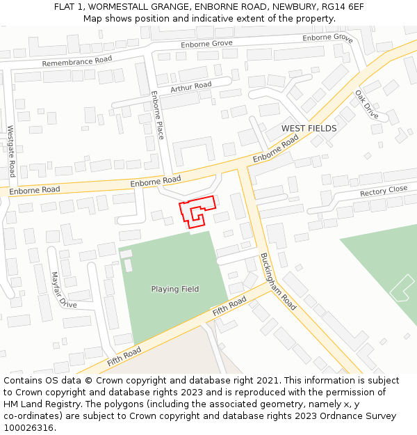 FLAT 1, WORMESTALL GRANGE, ENBORNE ROAD, NEWBURY, RG14 6EF: Location map and indicative extent of plot