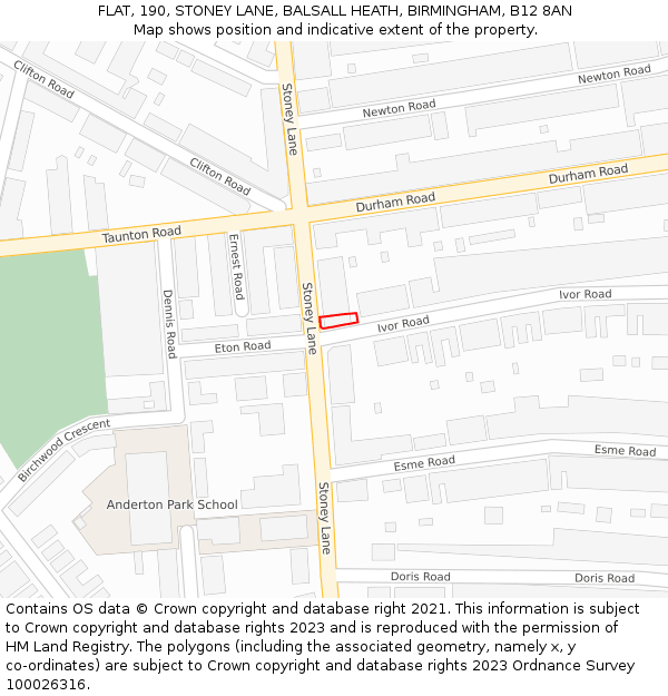FLAT, 190, STONEY LANE, BALSALL HEATH, BIRMINGHAM, B12 8AN: Location map and indicative extent of plot