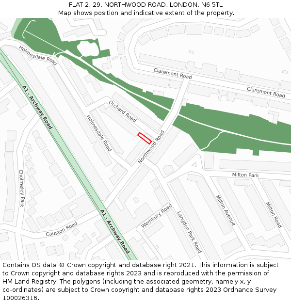 FLAT 2, 29, NORTHWOOD ROAD, LONDON, N6 5TL: Location map and indicative extent of plot