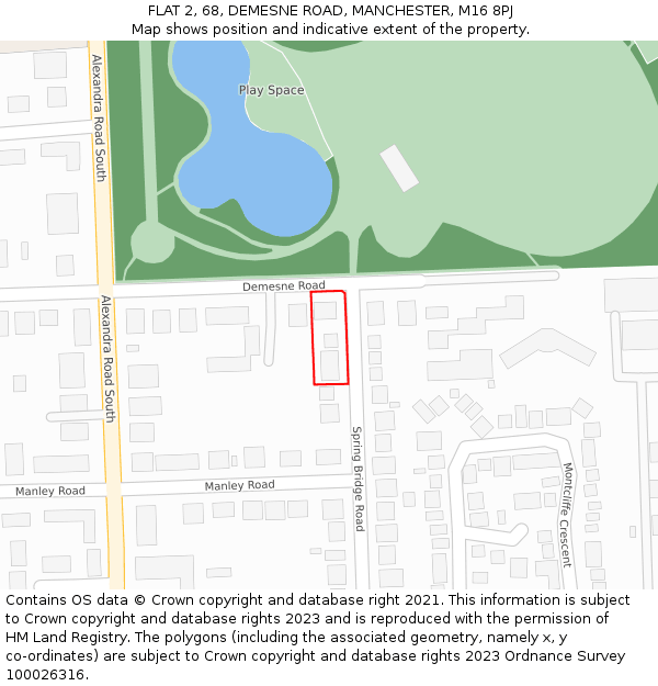FLAT 2, 68, DEMESNE ROAD, MANCHESTER, M16 8PJ: Location map and indicative extent of plot