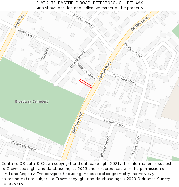FLAT 2, 78, EASTFIELD ROAD, PETERBOROUGH, PE1 4AX: Location map and indicative extent of plot
