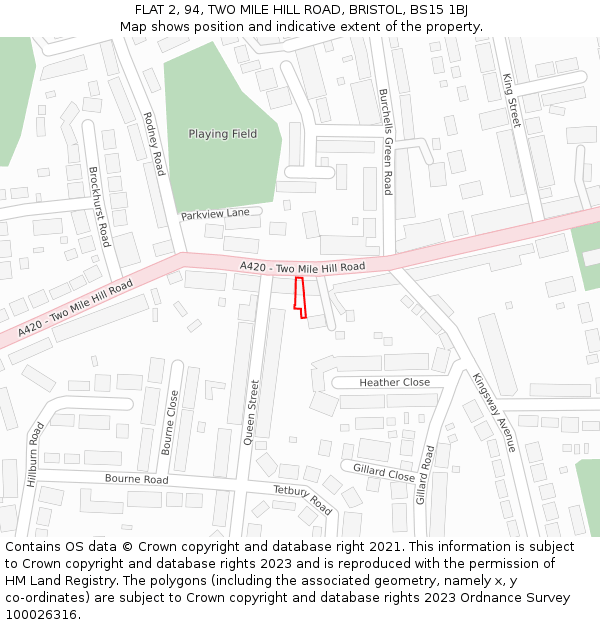 FLAT 2, 94, TWO MILE HILL ROAD, BRISTOL, BS15 1BJ: Location map and indicative extent of plot