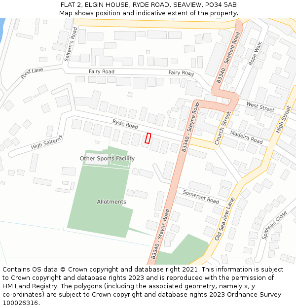 FLAT 2, ELGIN HOUSE, RYDE ROAD, SEAVIEW, PO34 5AB: Location map and indicative extent of plot