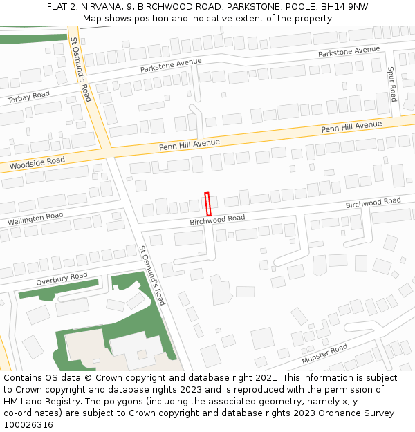FLAT 2, NIRVANA, 9, BIRCHWOOD ROAD, PARKSTONE, POOLE, BH14 9NW: Location map and indicative extent of plot
