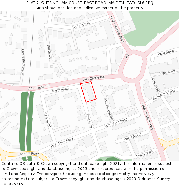 FLAT 2, SHERINGHAM COURT, EAST ROAD, MAIDENHEAD, SL6 1PQ: Location map and indicative extent of plot