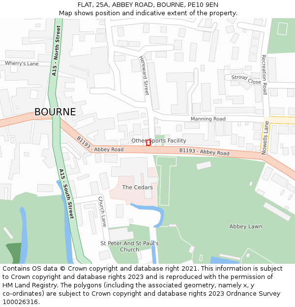 FLAT, 25A, ABBEY ROAD, BOURNE, PE10 9EN: Location map and indicative extent of plot