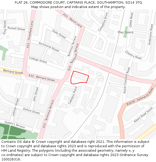 FLAT 26, COMMODORE COURT, CAPTAINS PLACE, SOUTHAMPTON, SO14 3TQ: Location map and indicative extent of plot