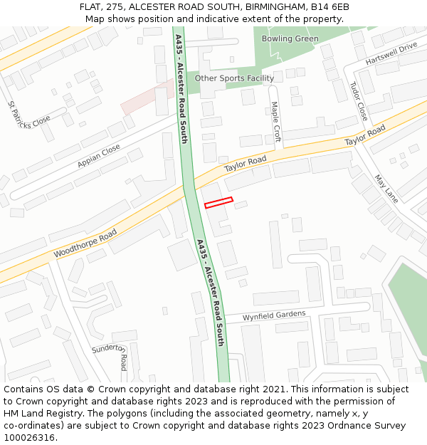 FLAT, 275, ALCESTER ROAD SOUTH, BIRMINGHAM, B14 6EB: Location map and indicative extent of plot