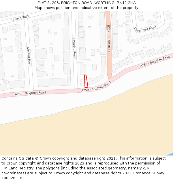 FLAT 3, 205, BRIGHTON ROAD, WORTHING, BN11 2HA: Location map and indicative extent of plot
