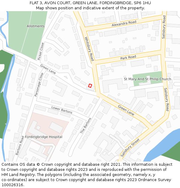 FLAT 3, AVON COURT, GREEN LANE, FORDINGBRIDGE, SP6 1HU: Location map and indicative extent of plot