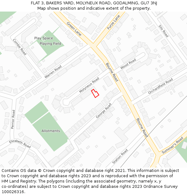 FLAT 3, BAKERS YARD, MOLYNEUX ROAD, GODALMING, GU7 3NJ: Location map and indicative extent of plot