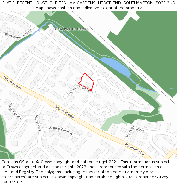 FLAT 3, REGENT HOUSE, CHELTENHAM GARDENS, HEDGE END, SOUTHAMPTON, SO30 2UD: Location map and indicative extent of plot