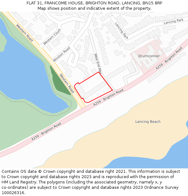 FLAT 31, FRANCOME HOUSE, BRIGHTON ROAD, LANCING, BN15 8RP: Location map and indicative extent of plot
