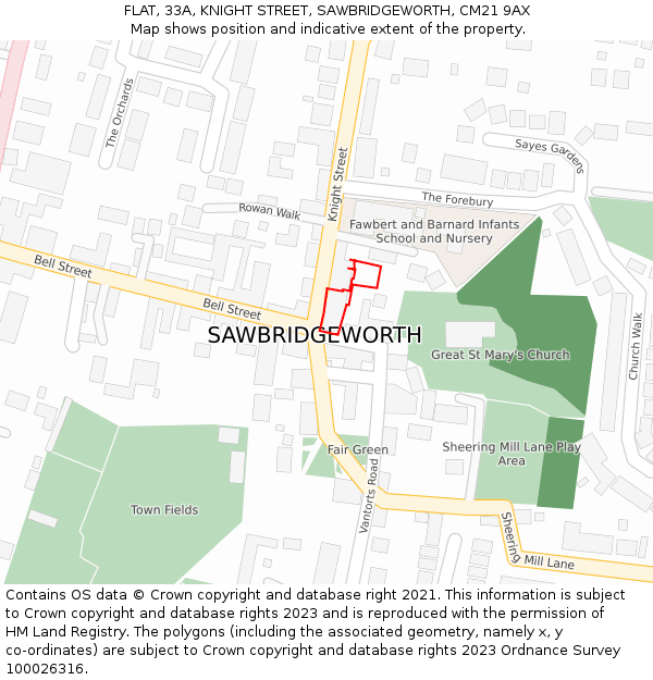 FLAT, 33A, KNIGHT STREET, SAWBRIDGEWORTH, CM21 9AX: Location map and indicative extent of plot