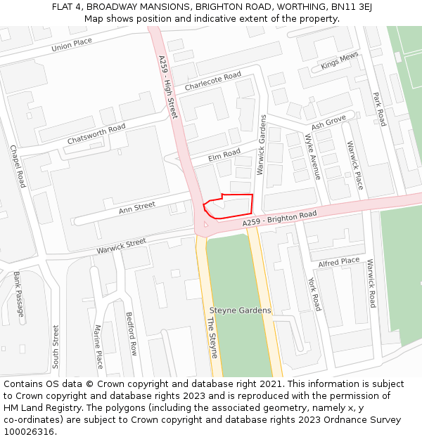 FLAT 4, BROADWAY MANSIONS, BRIGHTON ROAD, WORTHING, BN11 3EJ: Location map and indicative extent of plot
