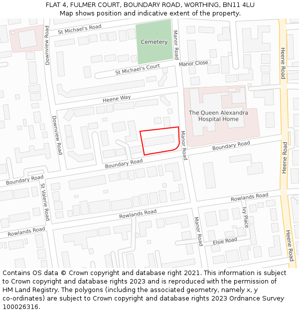 FLAT 4, FULMER COURT, BOUNDARY ROAD, WORTHING, BN11 4LU: Location map and indicative extent of plot