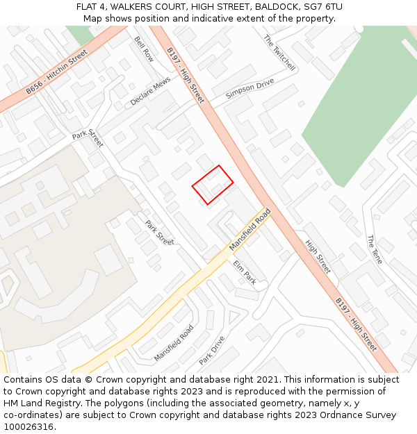 FLAT 4, WALKERS COURT, HIGH STREET, BALDOCK, SG7 6TU: Location map and indicative extent of plot