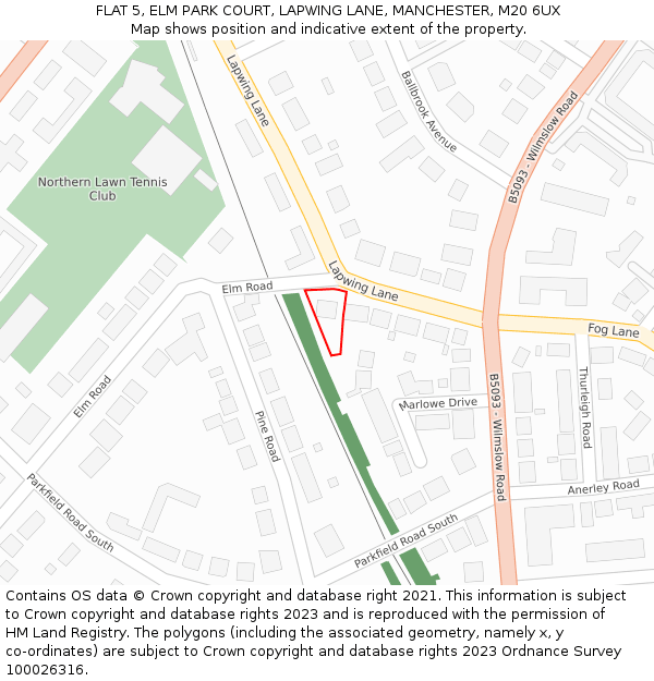 FLAT 5, ELM PARK COURT, LAPWING LANE, MANCHESTER, M20 6UX: Location map and indicative extent of plot