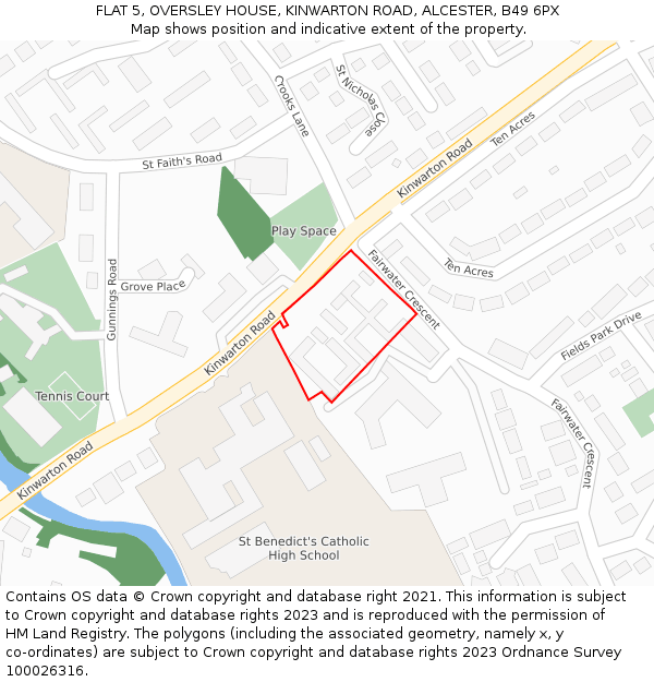 FLAT 5, OVERSLEY HOUSE, KINWARTON ROAD, ALCESTER, B49 6PX: Location map and indicative extent of plot