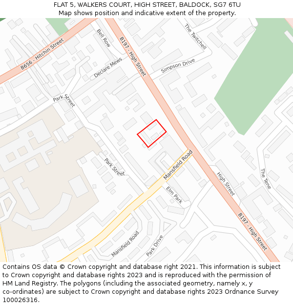 FLAT 5, WALKERS COURT, HIGH STREET, BALDOCK, SG7 6TU: Location map and indicative extent of plot