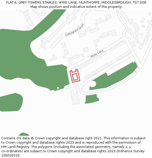 FLAT 6, GREY TOWERS STABLES, WYKE LANE, NUNTHORPE, MIDDLESBROUGH, TS7 0GE: Location map and indicative extent of plot