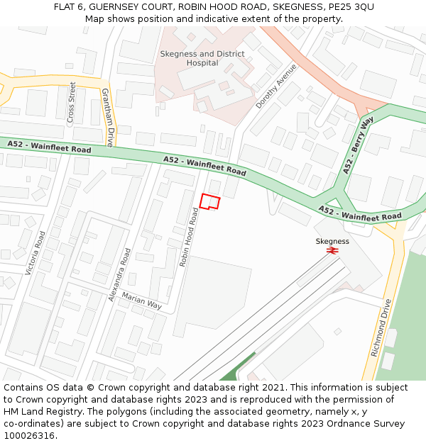 FLAT 6, GUERNSEY COURT, ROBIN HOOD ROAD, SKEGNESS, PE25 3QU: Location map and indicative extent of plot