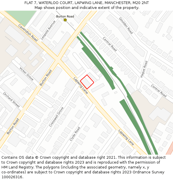 FLAT 7, WATERLOO COURT, LAPWING LANE, MANCHESTER, M20 2NT: Location map and indicative extent of plot