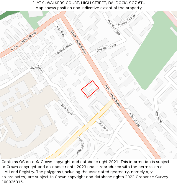 FLAT 9, WALKERS COURT, HIGH STREET, BALDOCK, SG7 6TU: Location map and indicative extent of plot